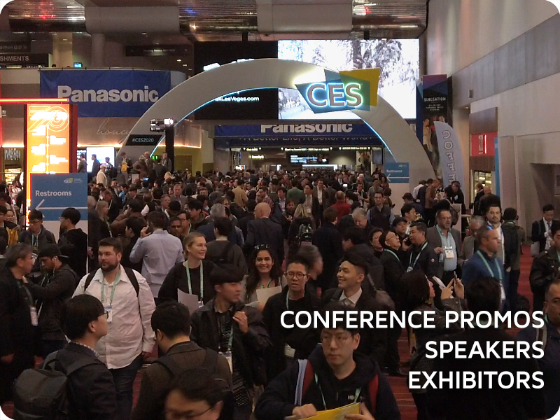 Videos for conferences and tradeshows include conference promos, speaker presentations, and various videos for exhibitors.